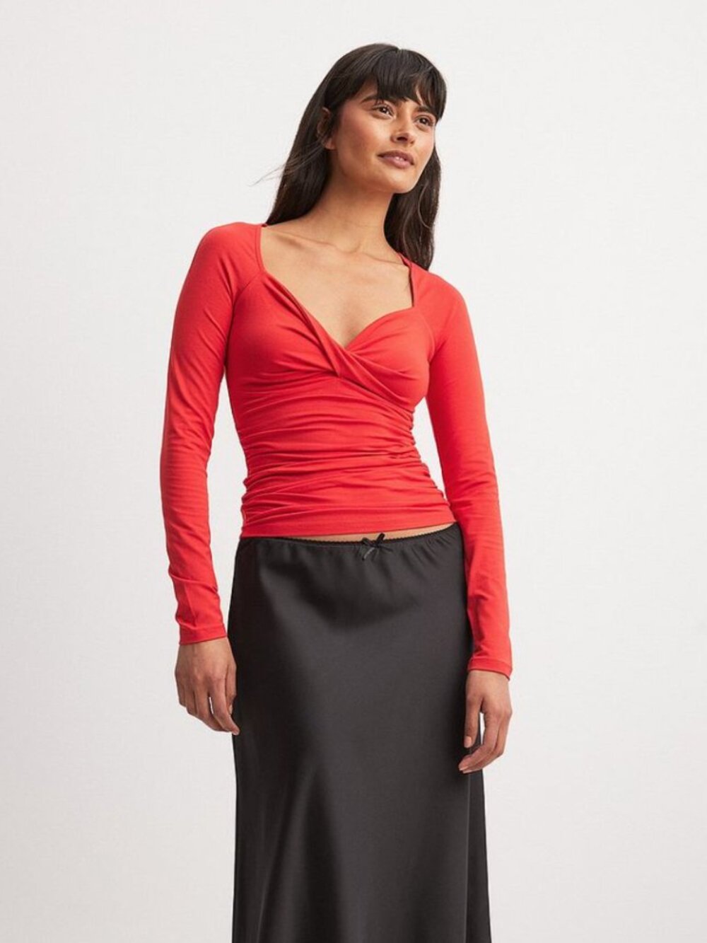 Soft Line Front Twist Long Sleeve Top Color: Red S